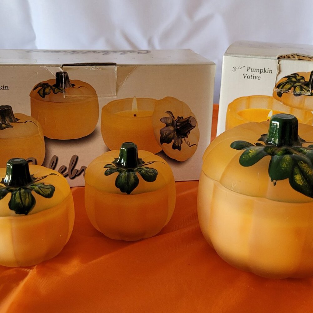 Celebrations Set of 3 Halloween Glass Hand Painted Orange Pumpkin Votive Candles